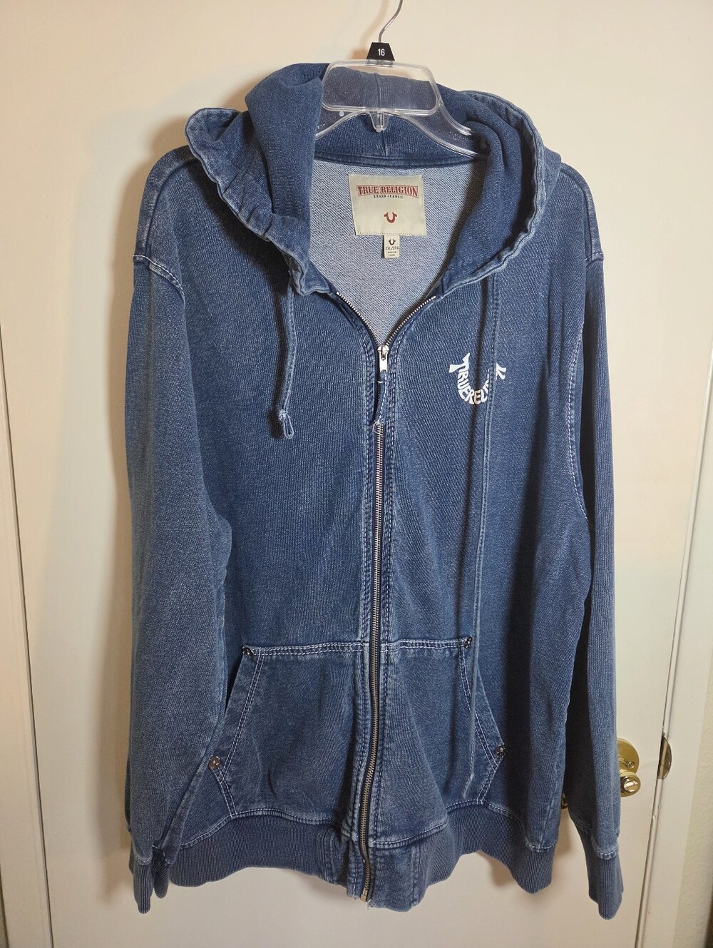 True Religion Big T Puff Print Hoodie Blue Denim Wash Y2K Streetwear 2XL
